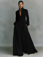 Women's Collared A-Line Maxi Dress with Long Sleeves & Relaxed Fit — Tess