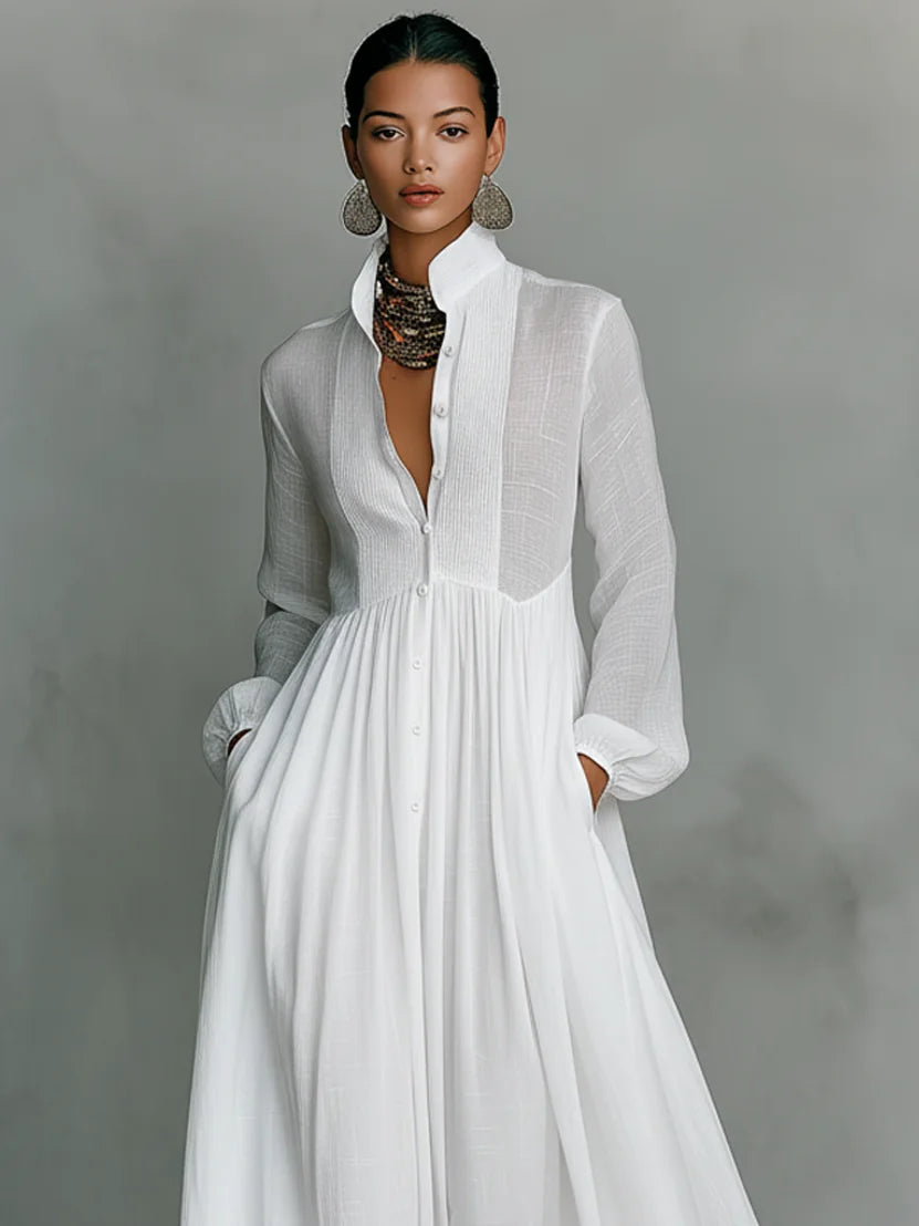 Women's Collared A-Line Maxi Dress with Long Sleeves & Relaxed Fit — Tess