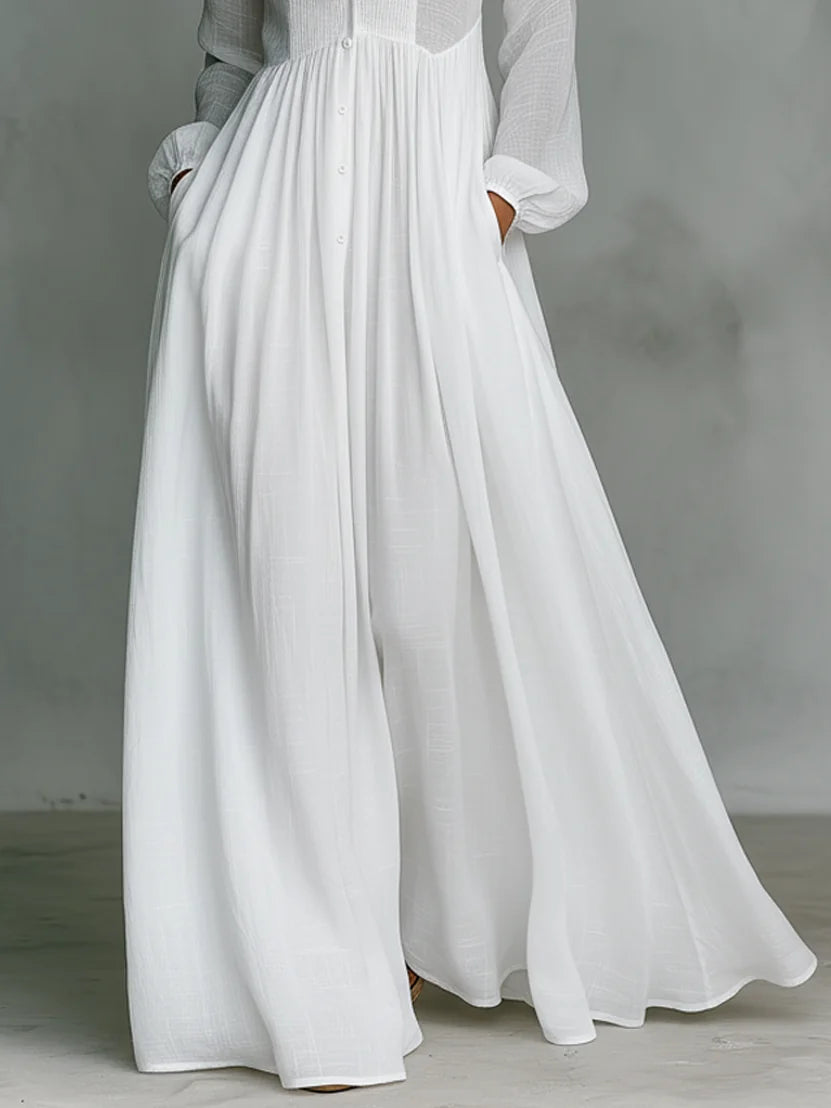 Women's Collared A-Line Maxi Dress with Long Sleeves & Relaxed Fit — Tess