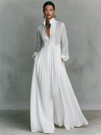 Women's Collared A-Line Maxi Dress with Long Sleeves & Relaxed Fit — Tess
