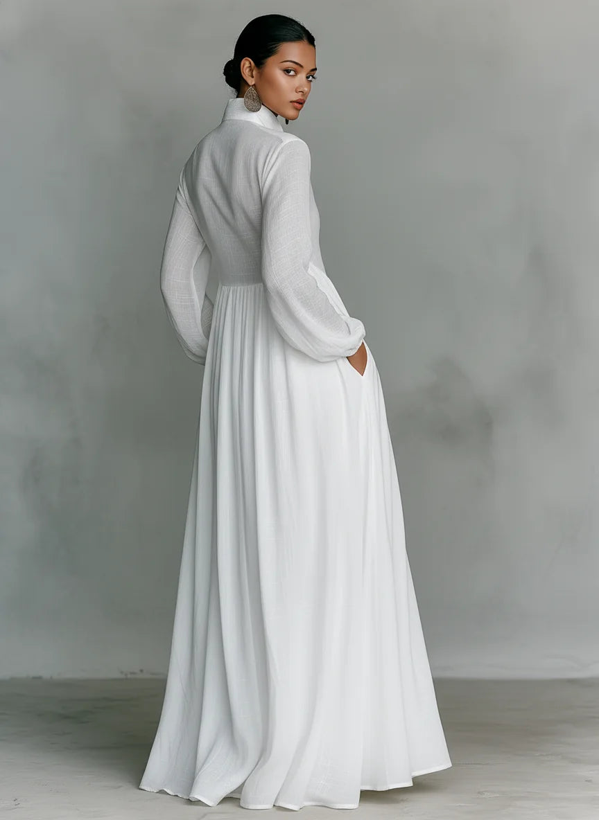 White Women's Collared A-Line Maxi Dress with Long Sleeves & Relaxed Fit — Tess - Back Studio Pose