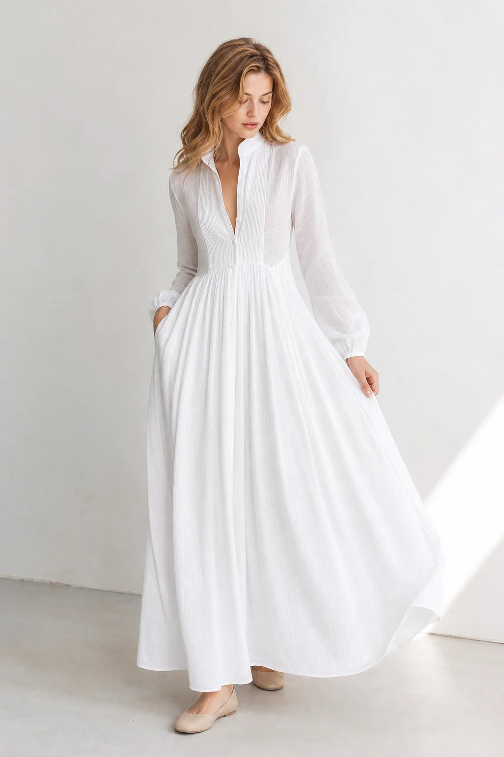 White Women's Collared A-Line Maxi Dress with Long Sleeves & Relaxed Fit — Tess - Full Body Swirl