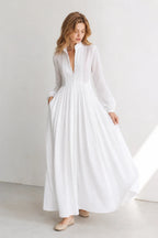 White Women's Collared A-Line Maxi Dress with Long Sleeves & Relaxed Fit — Tess - Full Body Swirl