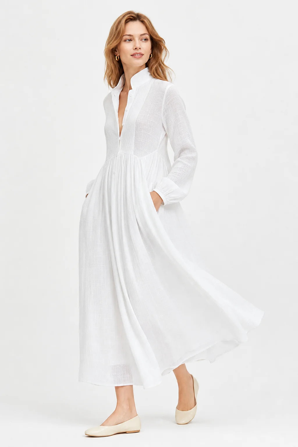 White Women's Collared A-Line Maxi Dress with Long Sleeves & Relaxed Fit — Tess - Side Pose Pockets