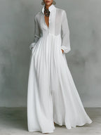 White Women's Collared A-Line Maxi Dress with Long Sleeves & Relaxed Fit — Tess - Studio Close Up