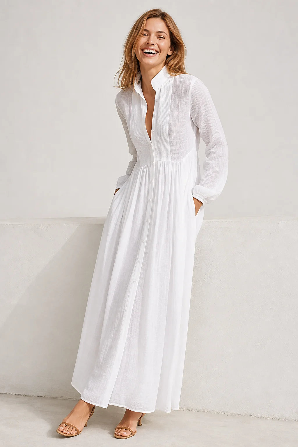 White Women's Collared A-Line Maxi Dress with Long Sleeves & Relaxed Fit — Tess