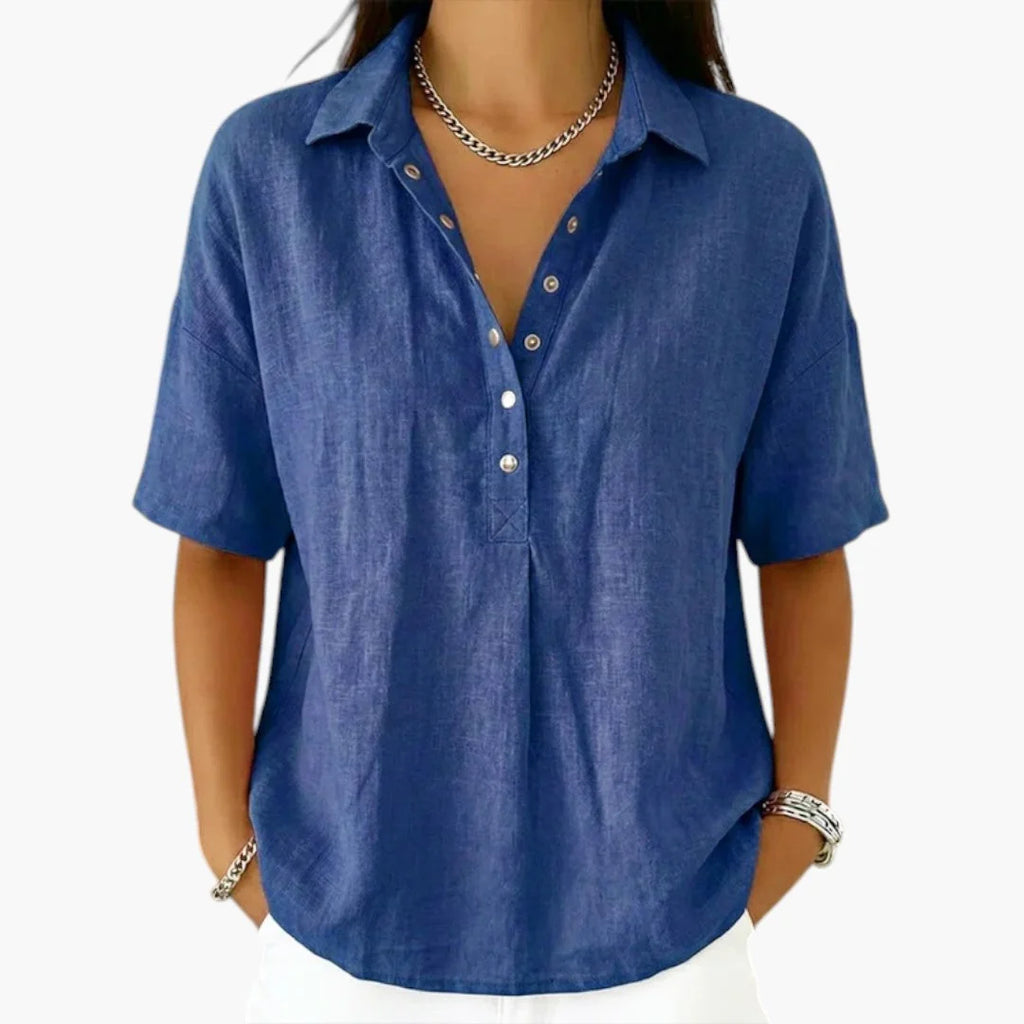 Blue Women's Collared Button Blouse with Relaxed Short Sleeves — Mila - Front Pose