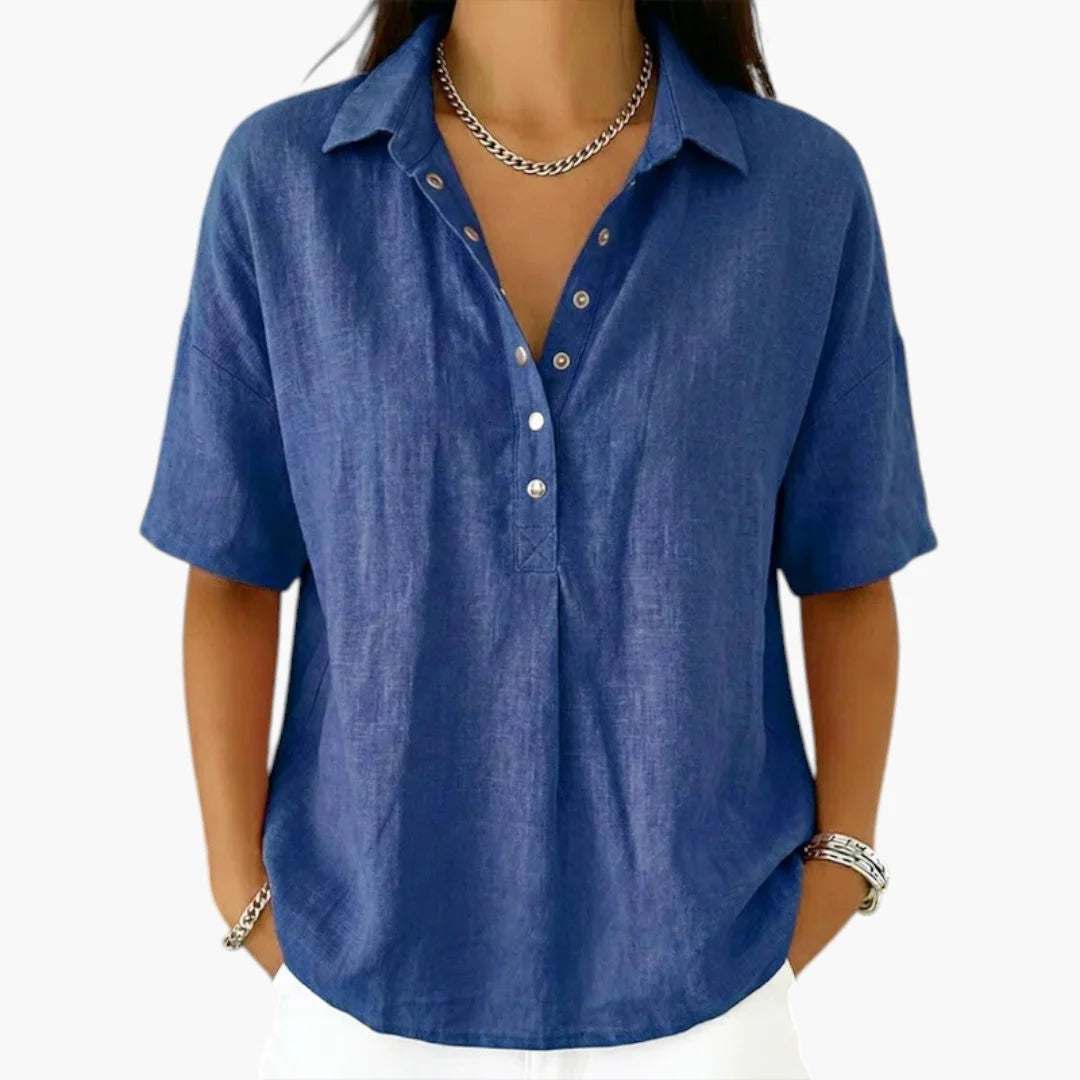 Blue Women's Collared Button Blouse with Relaxed Short Sleeves — Mila - Front Pose
