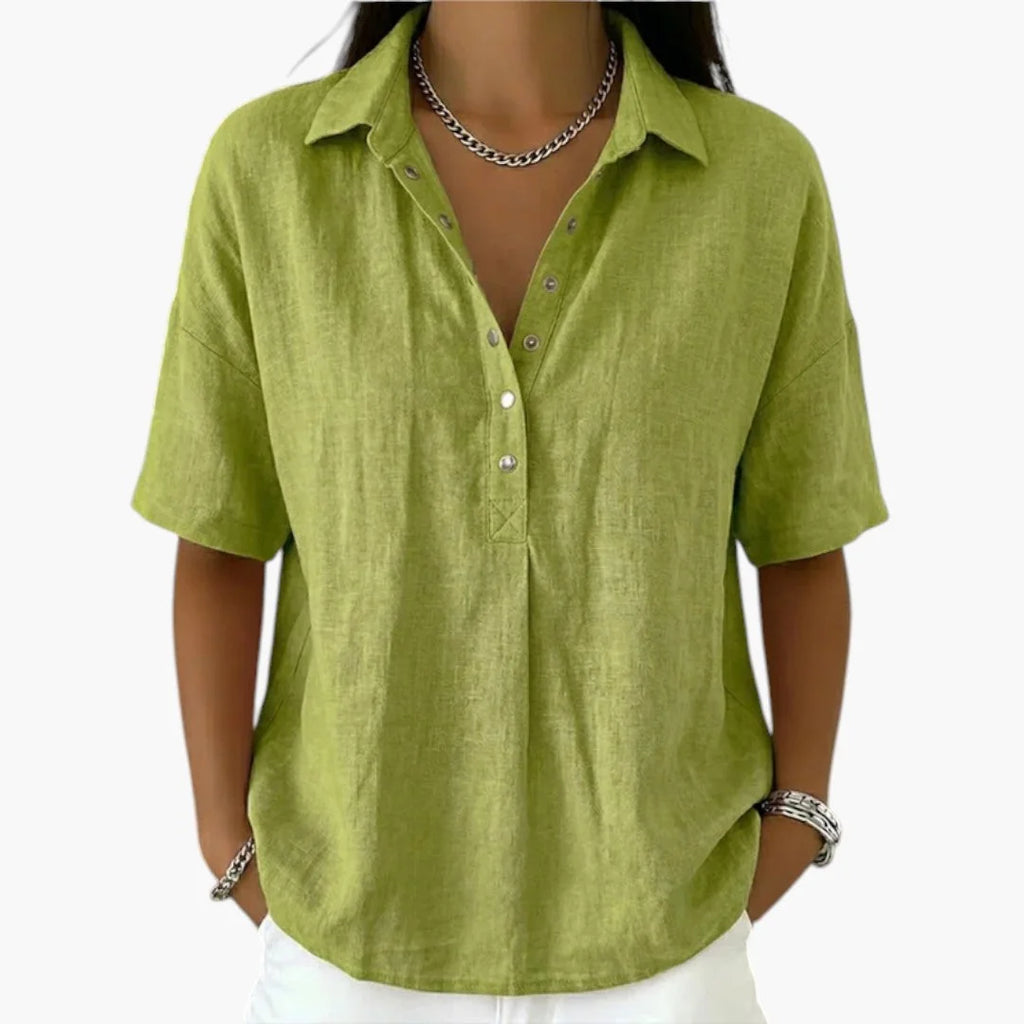 Green Women's Collared Button Blouse with Relaxed Short Sleeves — Mila - Front Close Up
