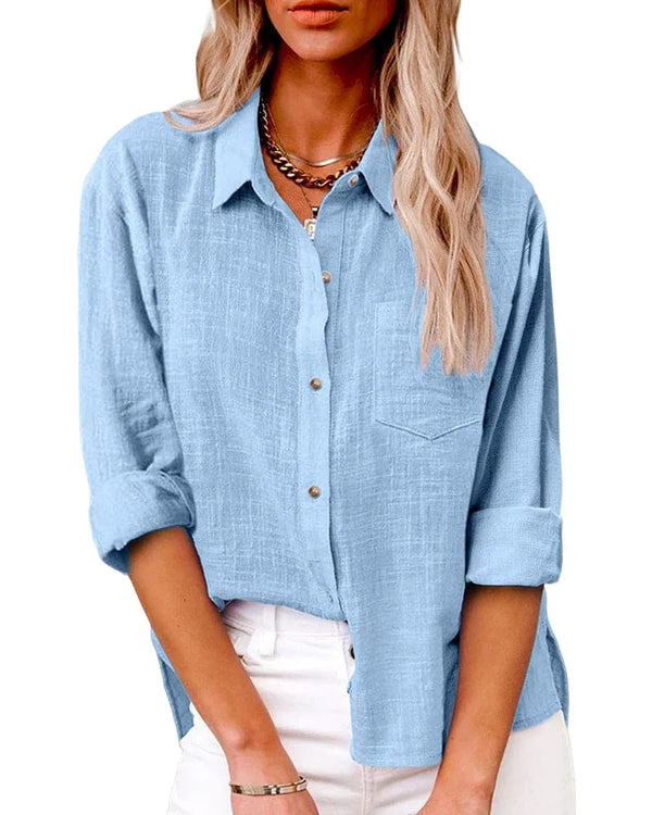 Light Blue Women's Long Sleeve Button Up Shirt — Eliana Relaxed-Fit Pocket Detail - Front Full
