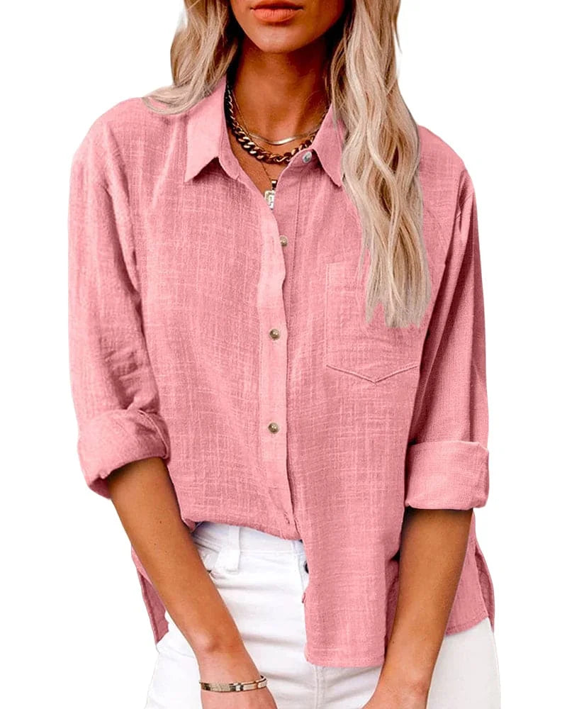 Pink Women's Long Sleeve Button Up Shirt — Eliana Relaxed-Fit Pocket Detail - Front Casual