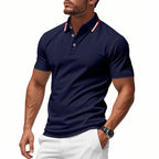 Navy Men's Breathable Polo Shirt with Tipped Collar & Button Placket — Tobias