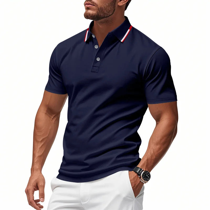 Navy Men's Breathable Polo Shirt with Tipped Collar & Button Placket — Tobias