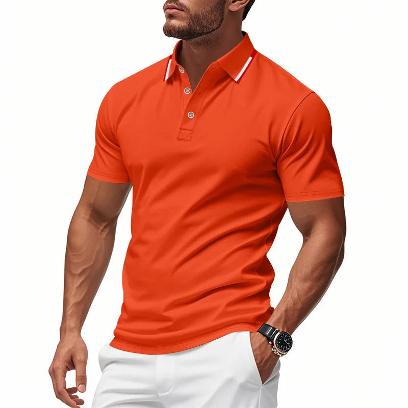 Orange Men's Breathable Polo Shirt with Tipped Collar & Button Placket — Tobias - Casual Stance
