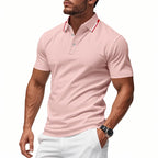 Pink Men's Breathable Polo Shirt with Tipped Collar & Button Placket — Tobias - Portrait