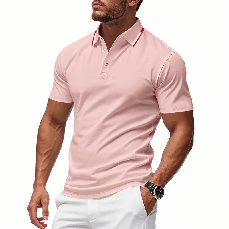 Pink Men's Breathable Polo Shirt with Tipped Collar & Button Placket — Tobias