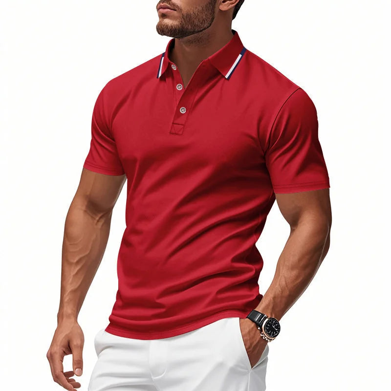 Red Men's Breathable Polo Shirt with Tipped Collar & Button Placket — Tobias
