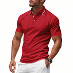 Red Men's Breathable Polo Shirt with Tipped Collar & Button Placket — Tobias