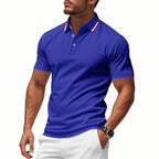 Royal Blue Men's Breathable Polo Shirt with Tipped Collar & Button Placket — Tobias - Arm Detail