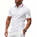 White Men's Breathable Polo Shirt with Tipped Collar & Button Placket — Tobias