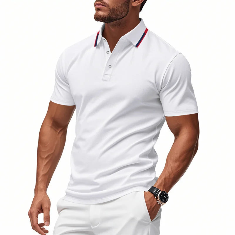White Men's Breathable Polo Shirt with Tipped Collar & Button Placket — Tobias