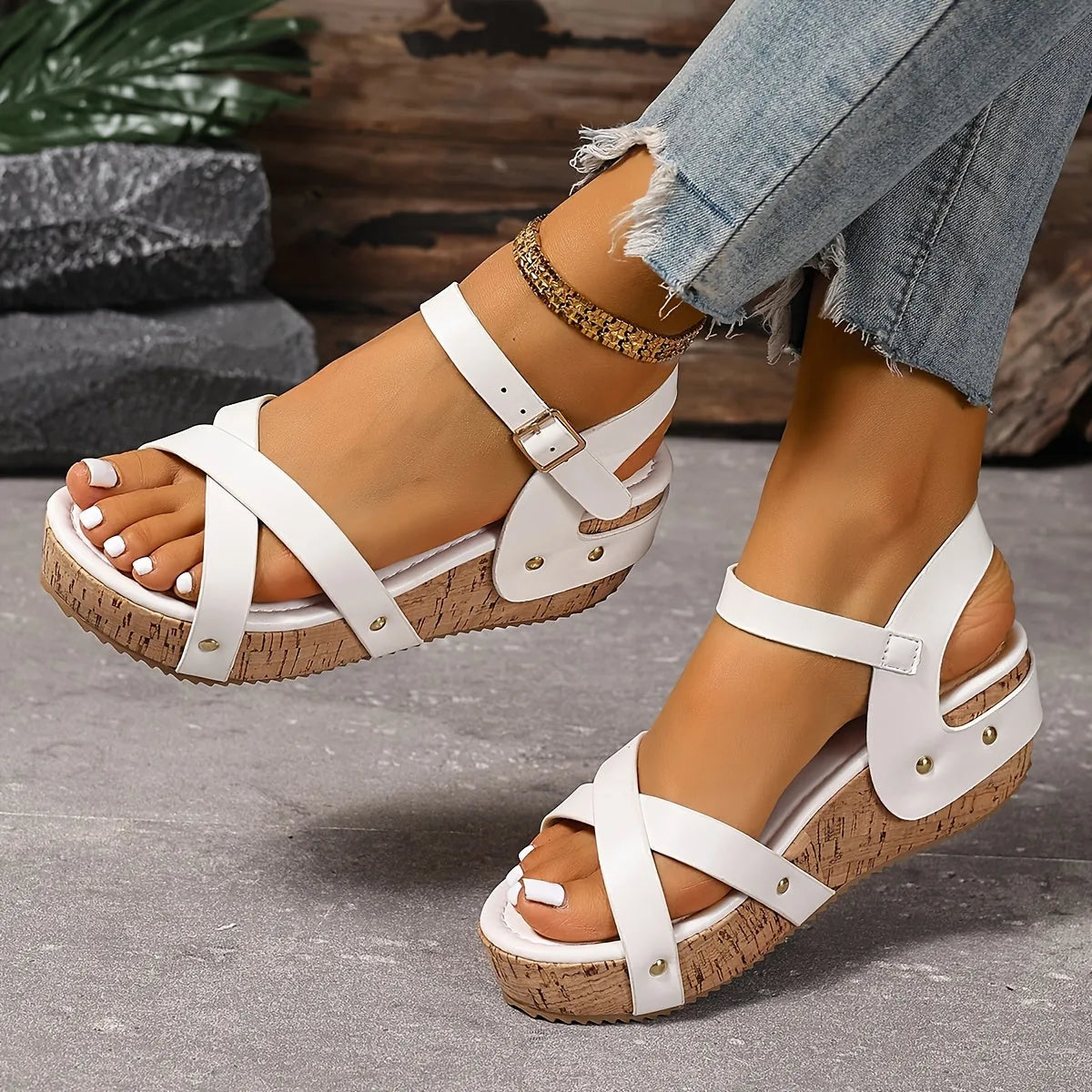 Eva | Chic Cork Wedge Sandals With Cross Straps