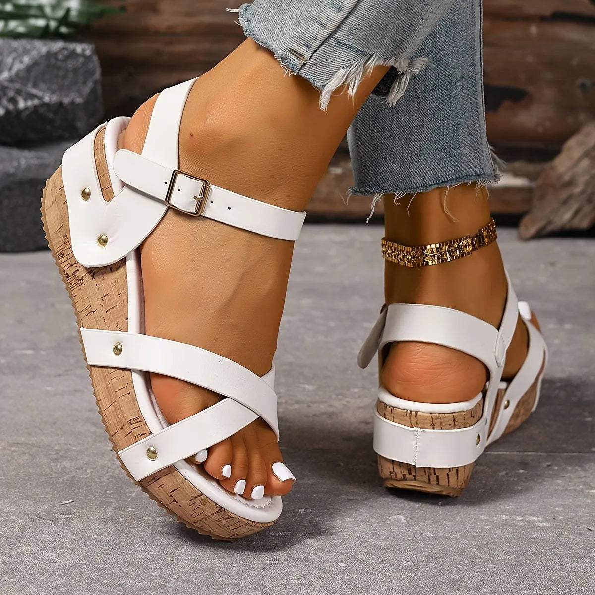 Eva | Chic Cork Wedge Sandals With Cross Straps