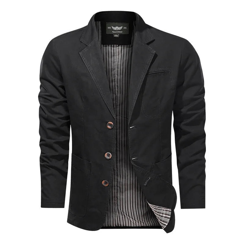 Black Men's Cotton Blazer with Two-Button Front & Patch Pockets