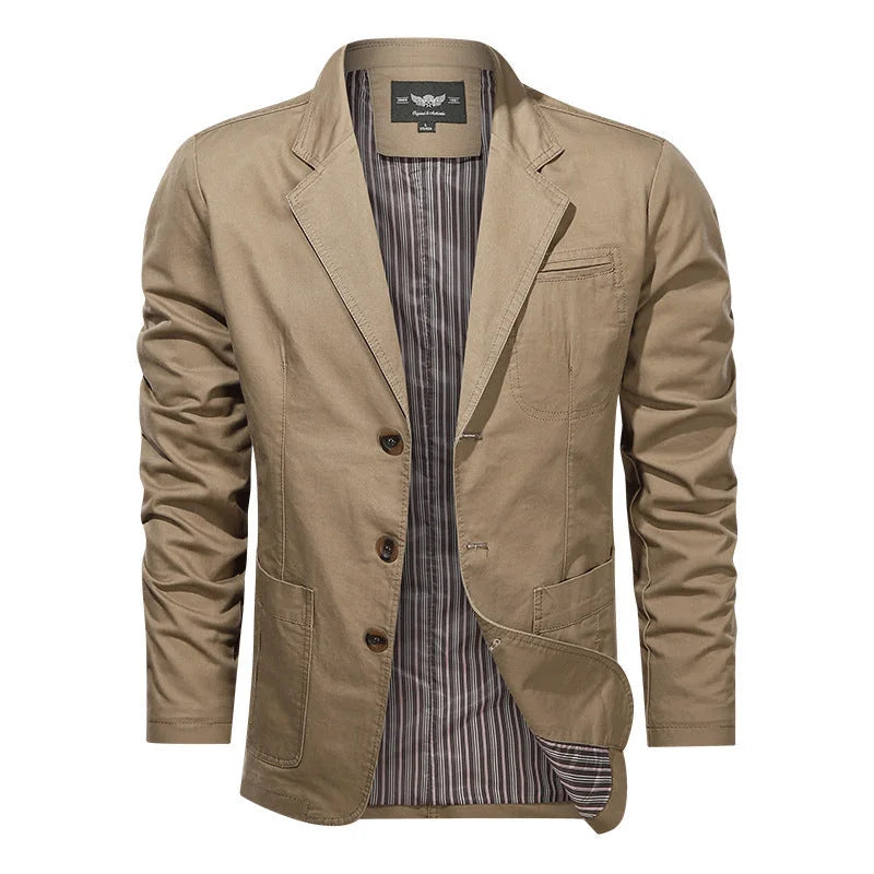 Khaki Men's Cotton Blazer with Two-Button Front & Patch Pockets