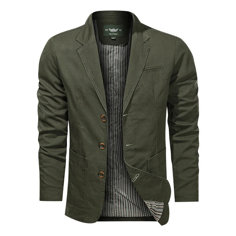 Olive Green Men's Cotton Blazer with Two-Button Front & Patch Pockets - Front Buttoned Studio 2