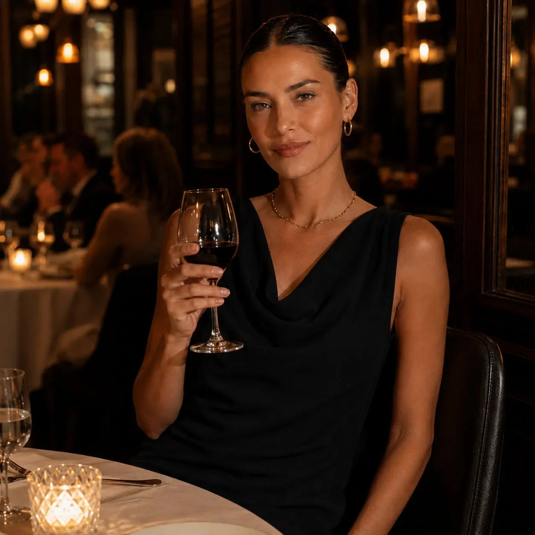 Black Women's Sleeveless Cowl-Neck Mini Dress — Sofia Everyday Shift Pocketed - Seated Restaurant Wine