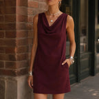 Burgundy Women's Sleeveless Cowl-Neck Mini Dress — Sofia Everyday Shift Pocketed - Front Torso Brick Wall