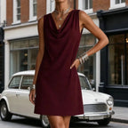 Burgundy Women's Sleeveless Cowl-Neck Mini Dress — Sofia Everyday Shift Pocketed - Front Torso Street Pose