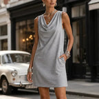 Gray Women's Sleeveless Cowl-Neck Mini Dress — Sofia Everyday Shift Pocketed - Front Torso Street