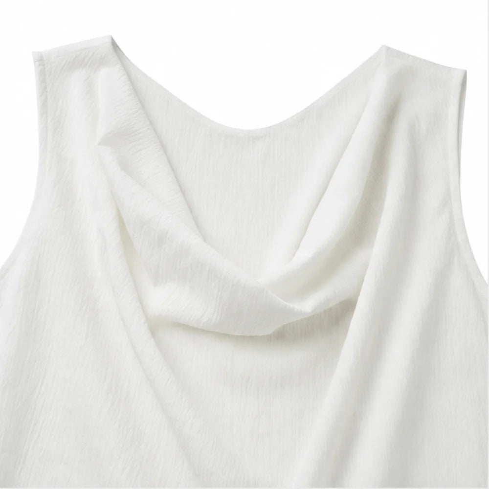 Multicolor Women's Sleeveless Cowl-Neck Mini Dress — Sofia Everyday Shift Pocketed - Flat Lay Neckline Detail