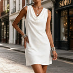 Multicolor Women's Sleeveless Cowl-Neck Mini Dress — Sofia Everyday Shift Pocketed - Front Full Street Pose