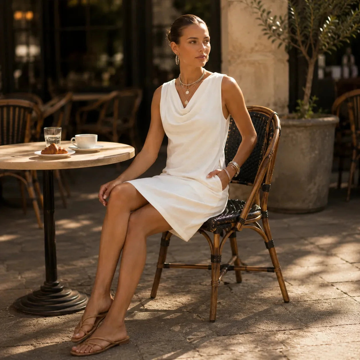 Multicolor Women's Sleeveless Cowl-Neck Mini Dress — Sofia Everyday Shift Pocketed - Seated Cafe Outdoor