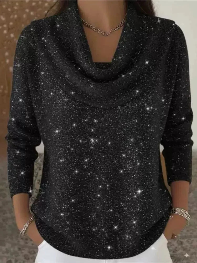Black Women's Cowl Neck Sweater with Long Sleeves & Glitter Shimmer Finish — Talia
