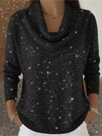 Black Women's Cowl Neck Sweater with Long Sleeves & Glitter Shimmer Finish — Talia