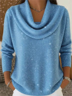 Blue Women's Cowl Neck Sweater with Long Sleeves & Glitter Shimmer Finish — Talia