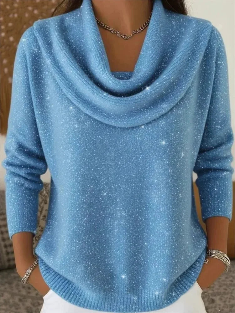Blue Women's Cowl Neck Sweater with Long Sleeves & Glitter Shimmer Finish — Talia