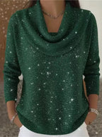 Green Women's Cowl Neck Sweater with Long Sleeves & Glitter Shimmer Finish — Talia