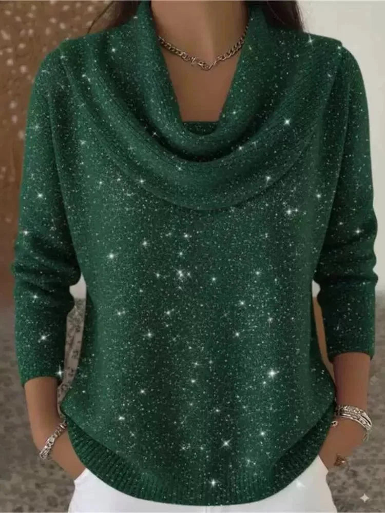 Green Women's Cowl Neck Sweater with Long Sleeves & Glitter Shimmer Finish — Talia