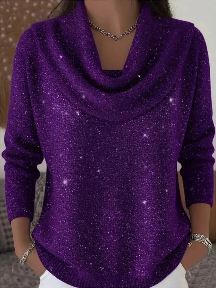 Purple Women's Cowl Neck Sweater with Long Sleeves & Glitter Shimmer Finish — Talia