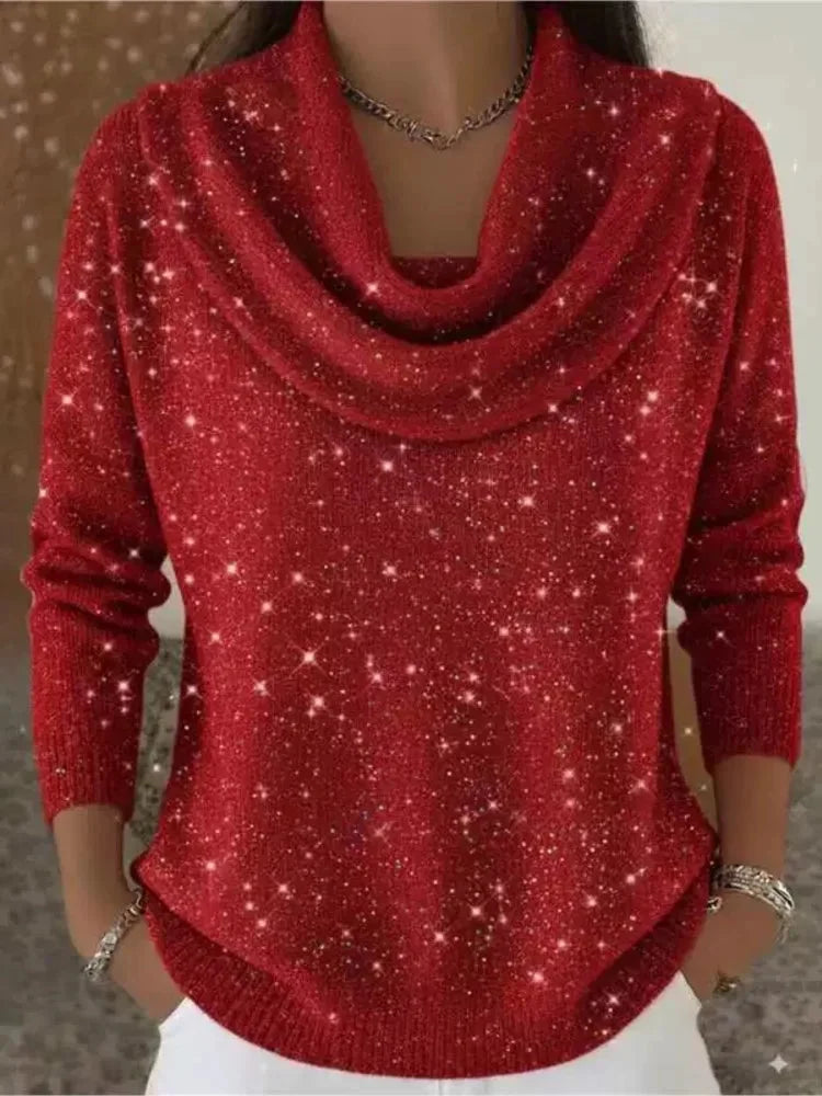 Red Women's Cowl Neck Sweater with Long Sleeves & Glitter Shimmer Finish — Talia