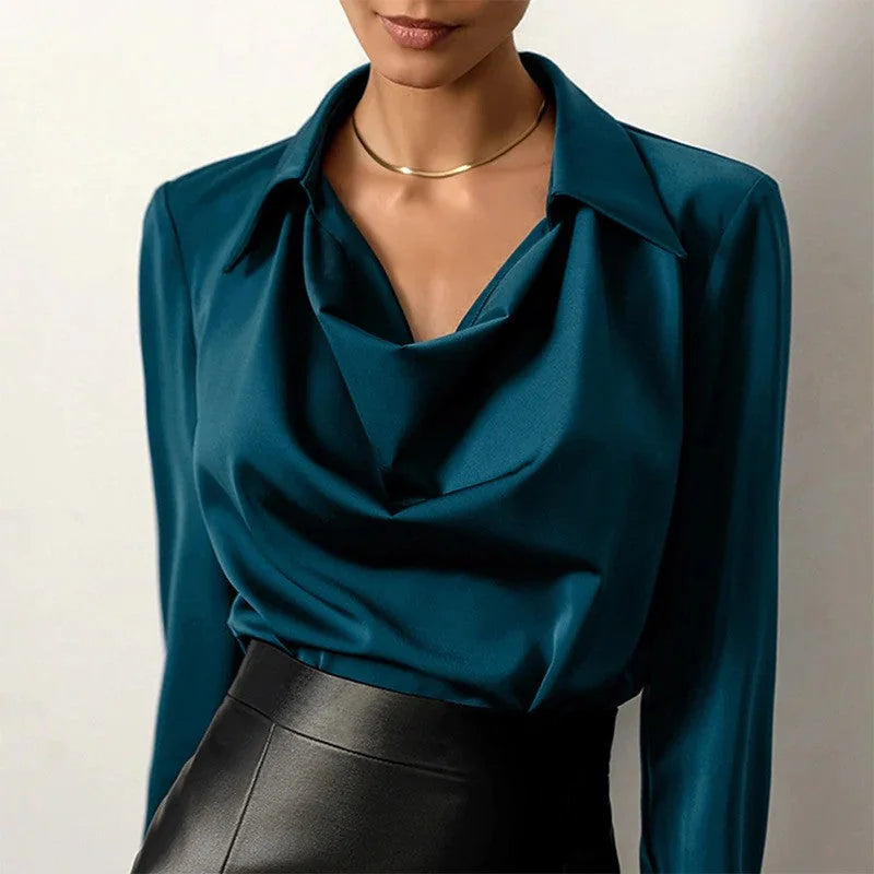 Blue Women's Cowl Neck Silk Blouse — Josephine Draped Long Sleeve Office - Close Up Neckline