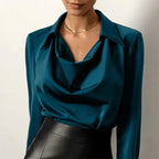 Blue Women's Cowl Neck Silk Blouse — Josephine Draped Long Sleeve Office - Close Up Neckline