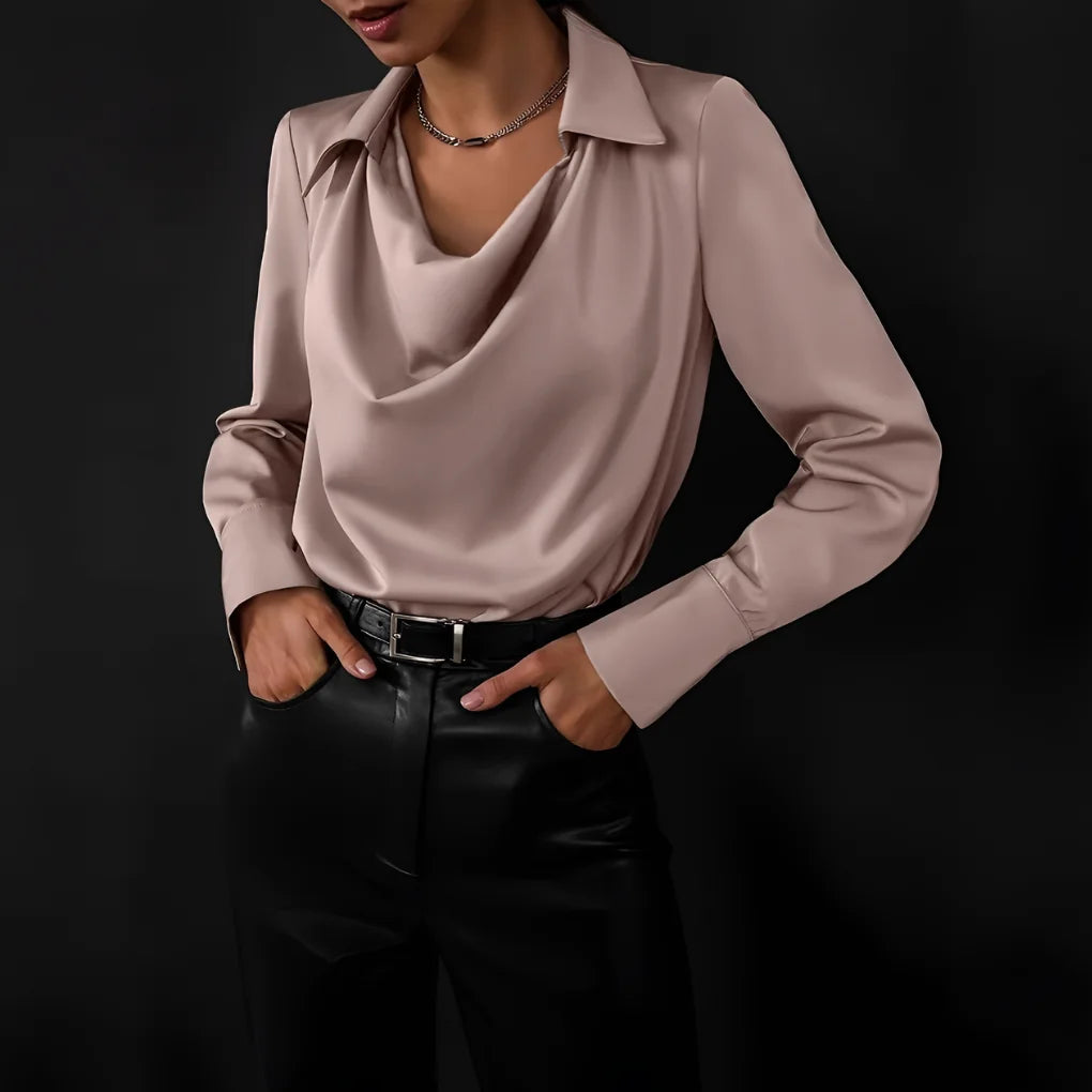 Khaki Women's Cowl Neck Silk Blouse — Josephine Draped Long Sleeve Office - Front Full Belt