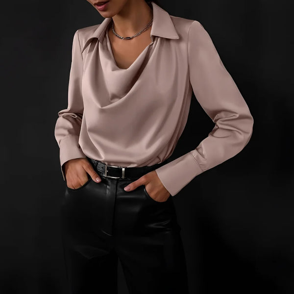 Khaki Women's Cowl Neck Silk Blouse — Josephine Draped Long Sleeve Office - Front Full Belt