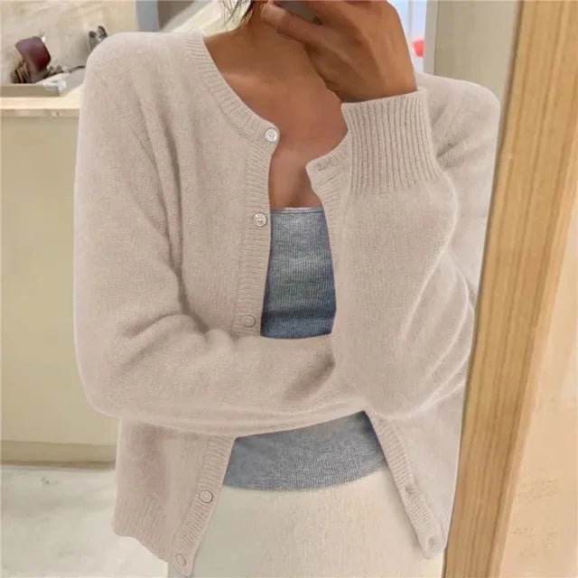 Beige Women's Crew Neck Knit Cardigan with Button Front & Ribbed Cuffs